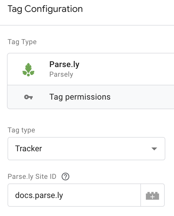 A screenshot from Google Tag Manager with a Parse.ly tag template in use for tracking.  